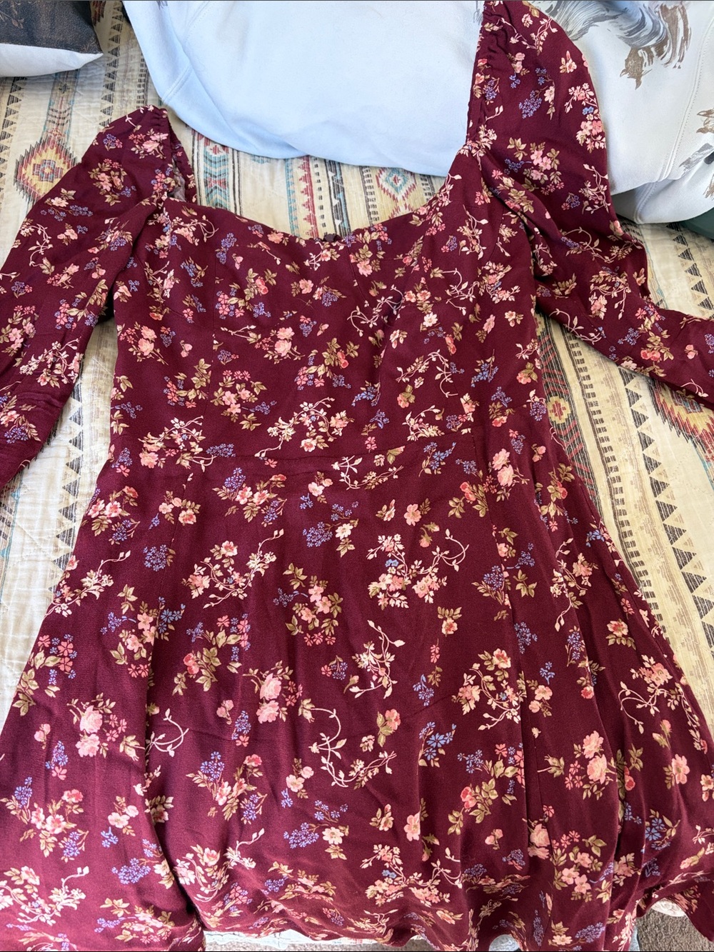 Reformation Burgundy Floral Long-Sleeve mini dress